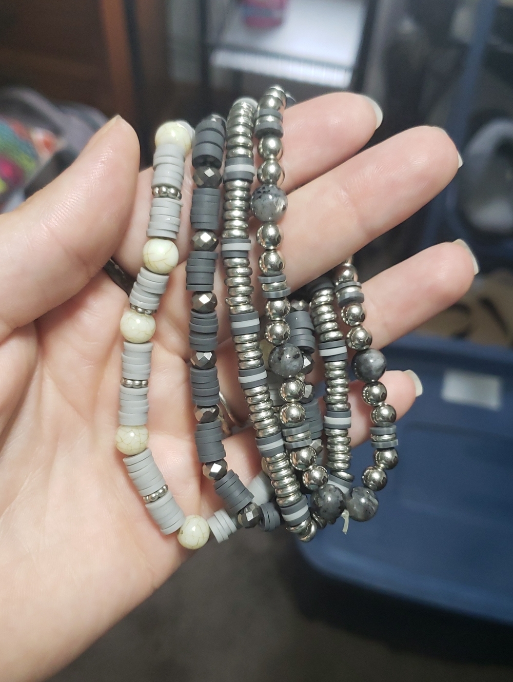 Neutral Gray & Silver Beaded Stretch Bracelet Set - Women's Stackable Jewelry